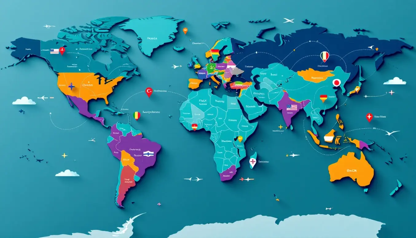 Une carte du monde avec des drapeaux et des flèches illustrant la gestion multilingue pour le référencement international.