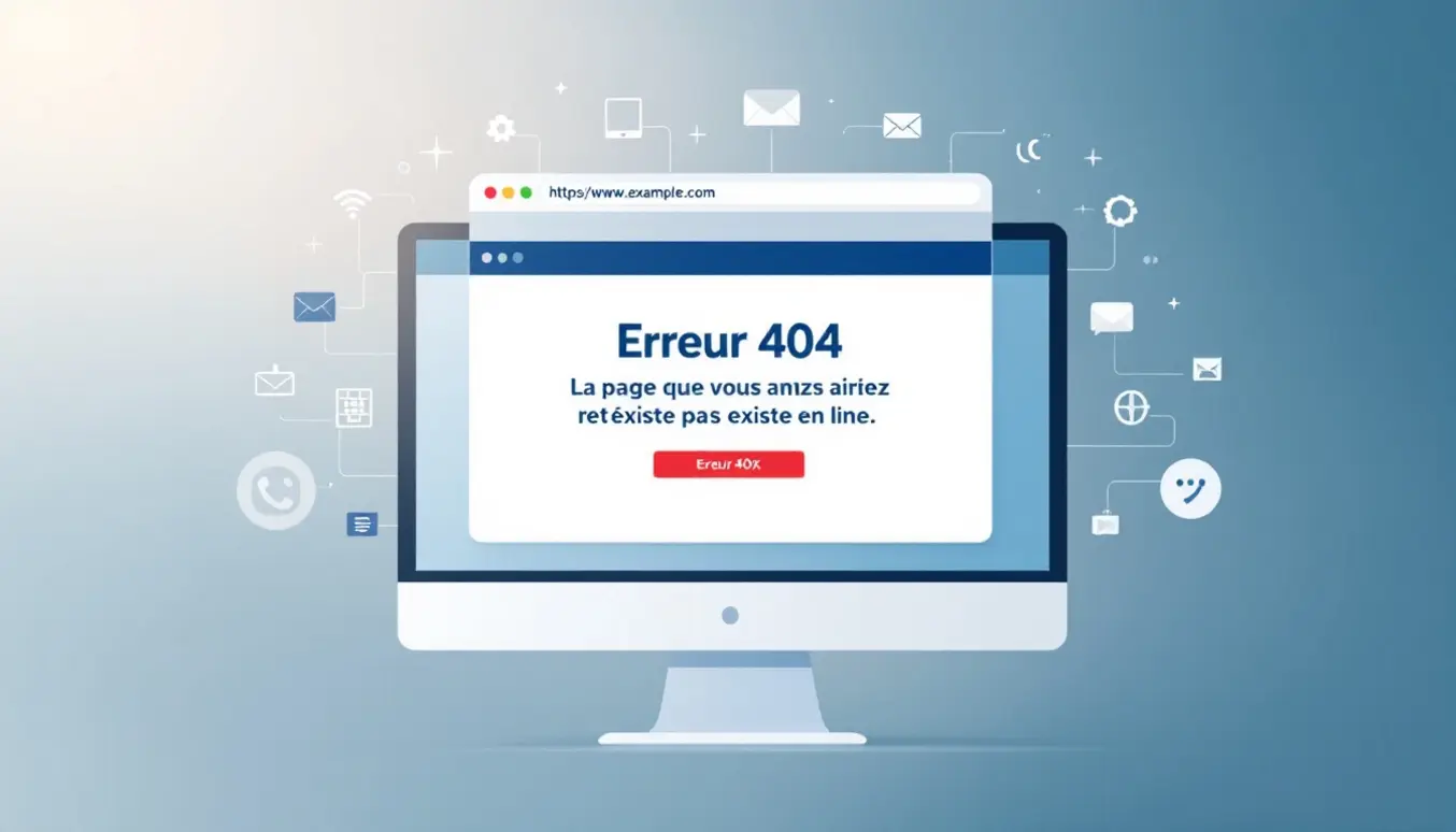 Un écran d’ordinateur montrant une erreur de type 4xx avec des éléments graphiques représentant la navigation et la communication web.