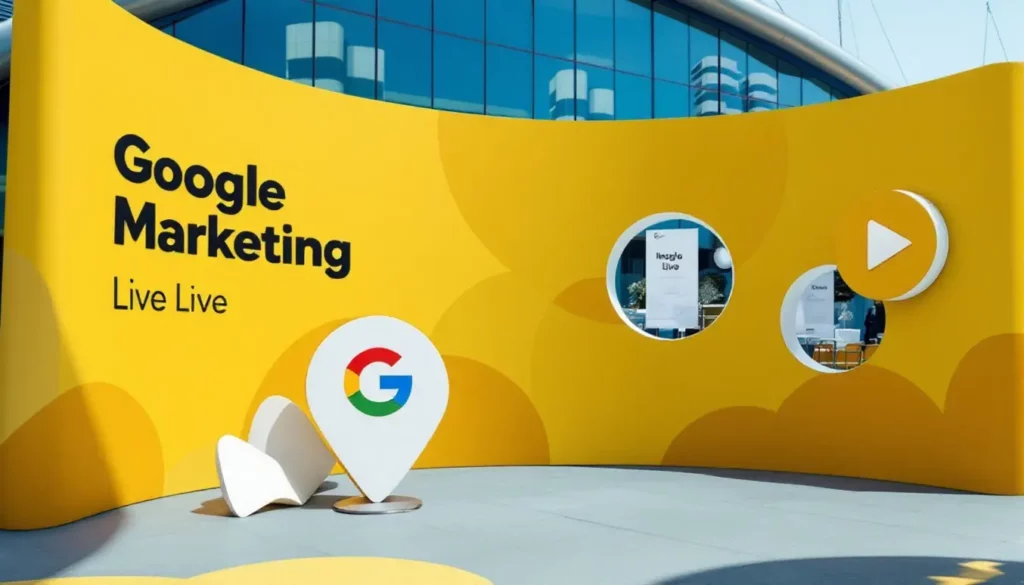 Fonds jaune avec le logo Google Marketing, des inscriptions et des éléments graphiques pour un événement live.