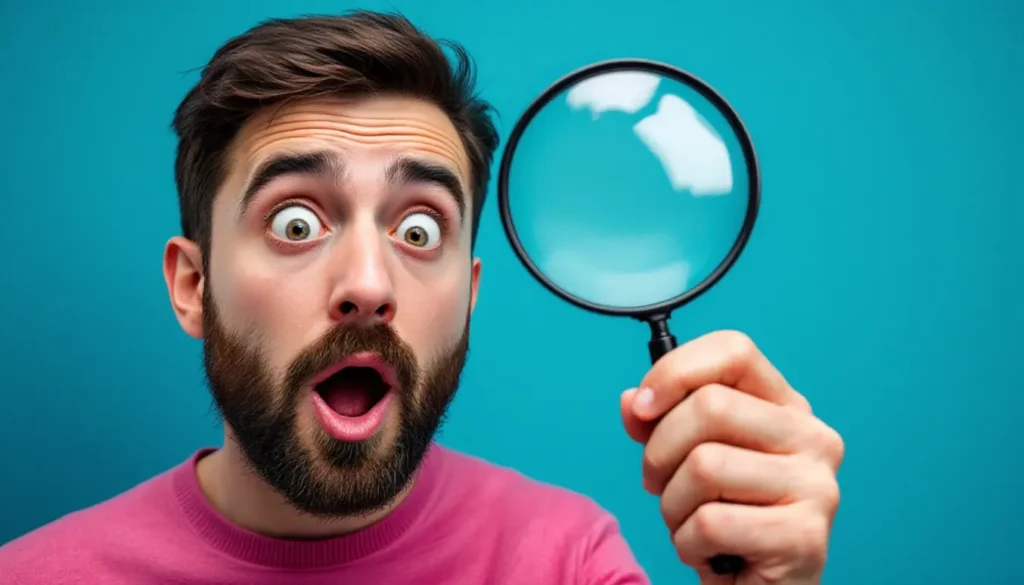 Homme surpris tenant une loupe, avec fond turquoise, exprimant curiosité et étonnement.
