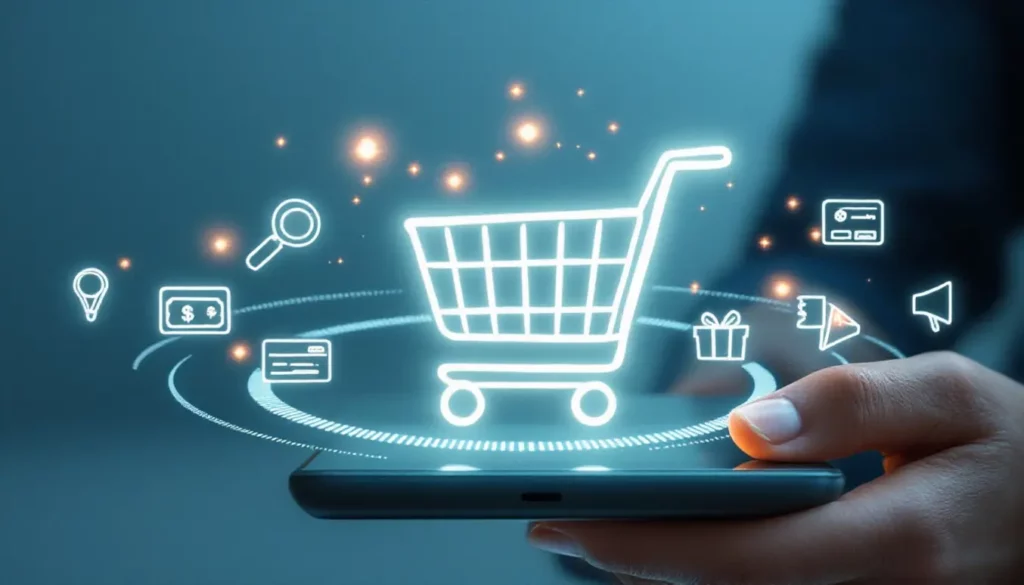 Icône de panier de courses assistée par des éléments numériques, symbolisant le commerce en ligne et les transactions.