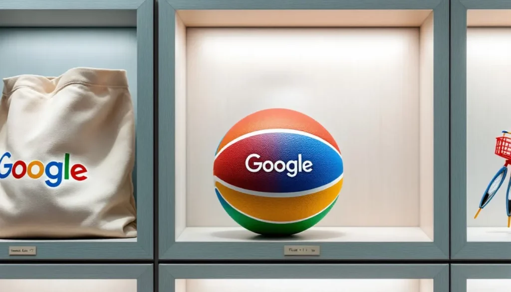 Ballon de basket coloré avec le logo Google, exposé dans une vitrine moderne.
