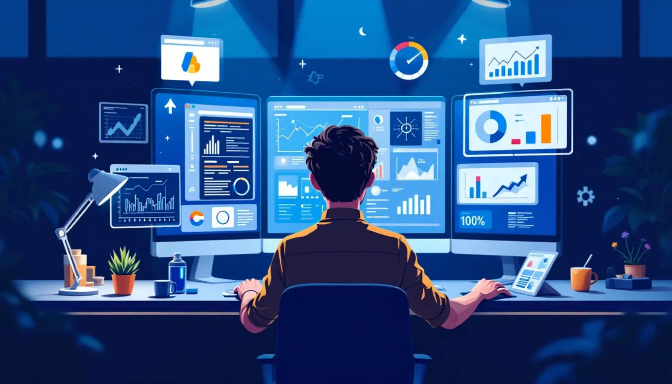 Un analyste travaillant sur une stratégie SEO avec des graphiques et des outils numériques sur un ordinateur.