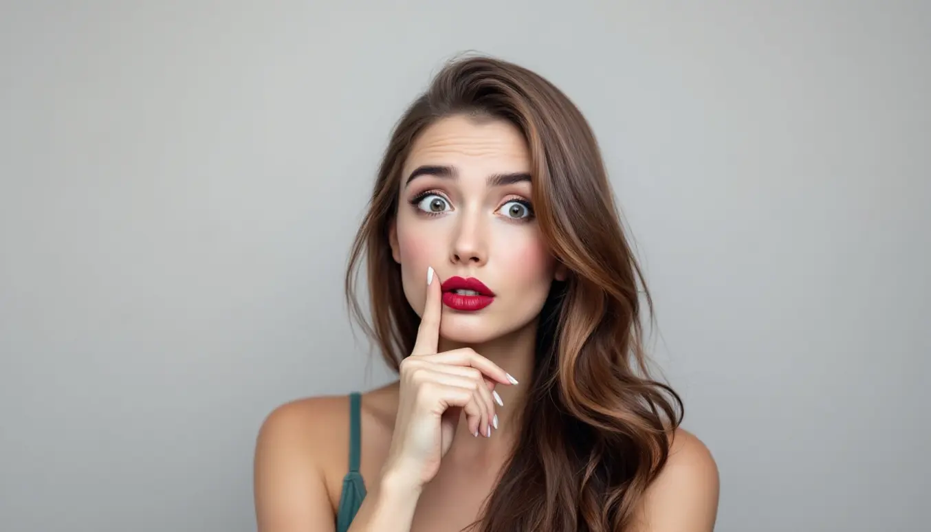 Femme avec cheveux longs, style glamour, faisant le geste de "chut" avec une expression étonnée.