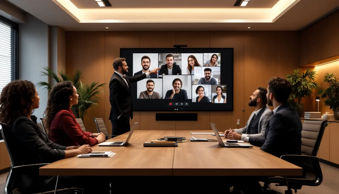 Une scène illustrant une séance de recrutement avec un recruteur et des candidats via écran numérique, entourée d’éléments liés au référencement et à la technologie.