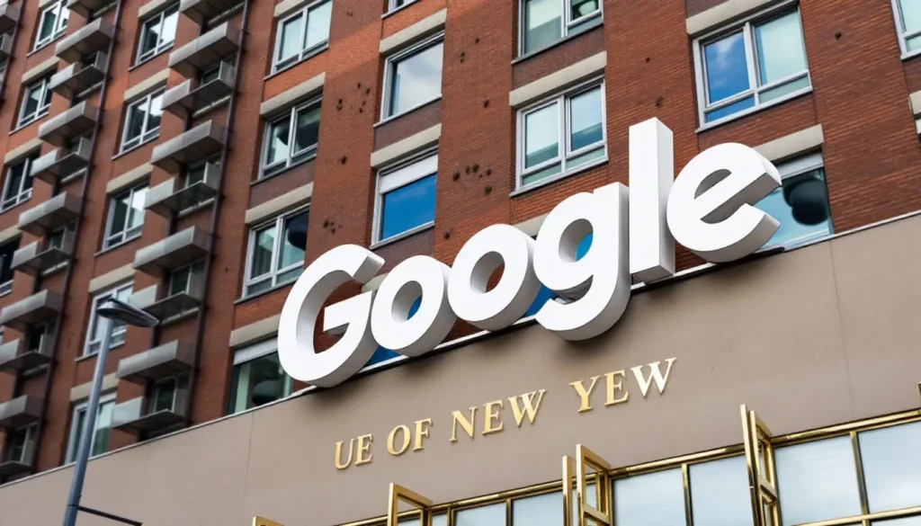 Façade d'un bâtiment avec le logo de Google et le texte "UE OF NEW YEW" en lettres dorées.