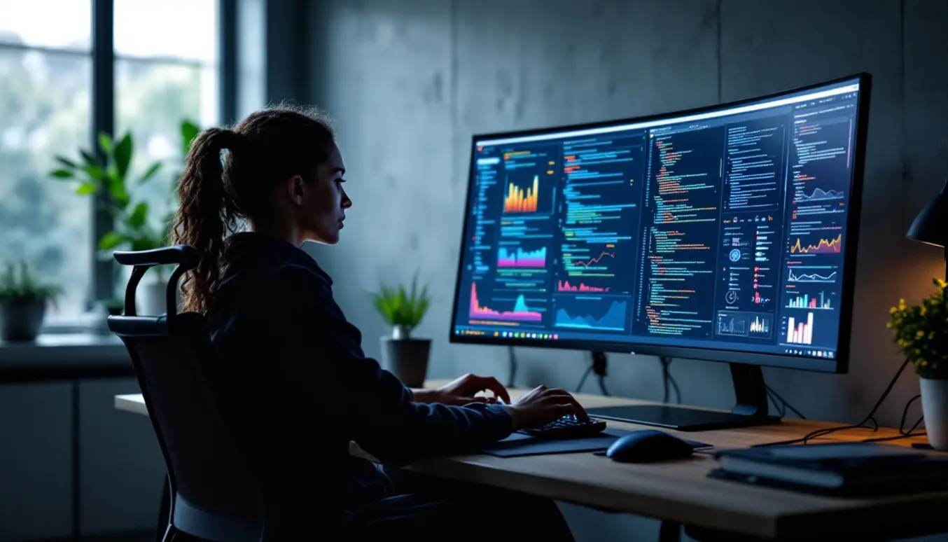 Une personne utilisant un ordinateur avec des graphiques et du code pour représenter l'optimisation technique pour l'intelligence artificielle.
