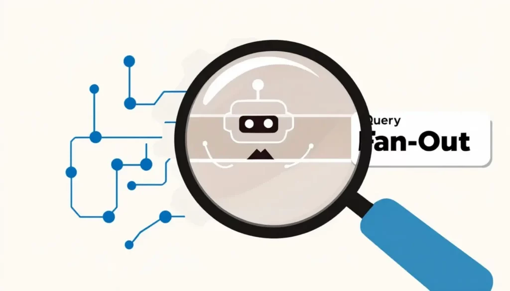 Image d'un robot aperçu à travers une loupe, avec des circuits et le texte "Query Fan-Out" à côté.