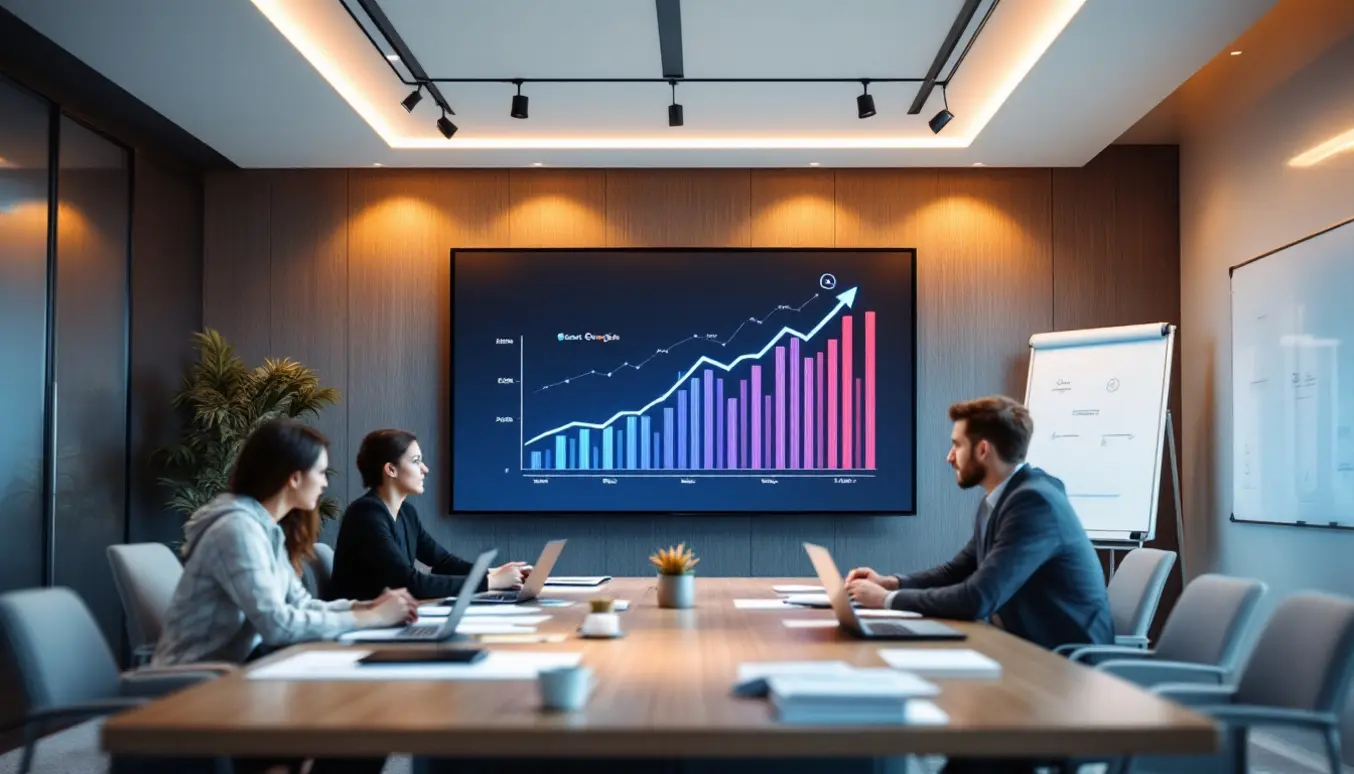 Un groupe de personnes en réunion devant un écran montrant une croissance, avec des icônes de recherche et des outils numériques autour, illustrant l’impact sur le référencement et la stratégie de contenu.