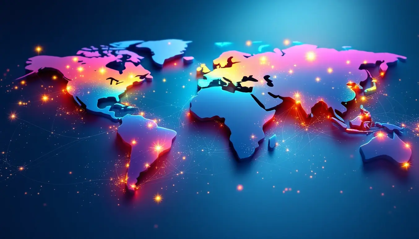 Une carte du monde en 3D montrant des flèches et des points lumineux illustrant une expansion mondiale dynamique.