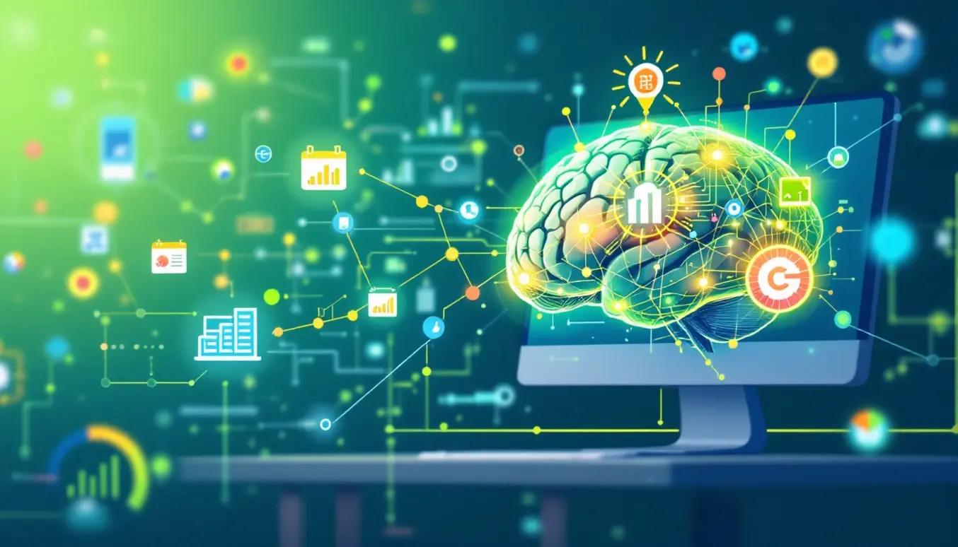 Une image représentant un réseau de données connectées, intégrées dans un cerveau numérique, symbolisant l'interconnexion entre données structurées, SEO et intelligence artificielle.