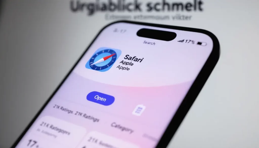 Icône de l'application Safari sur un smartphone Apple avec un bouton 'Open' et un fond coloré.