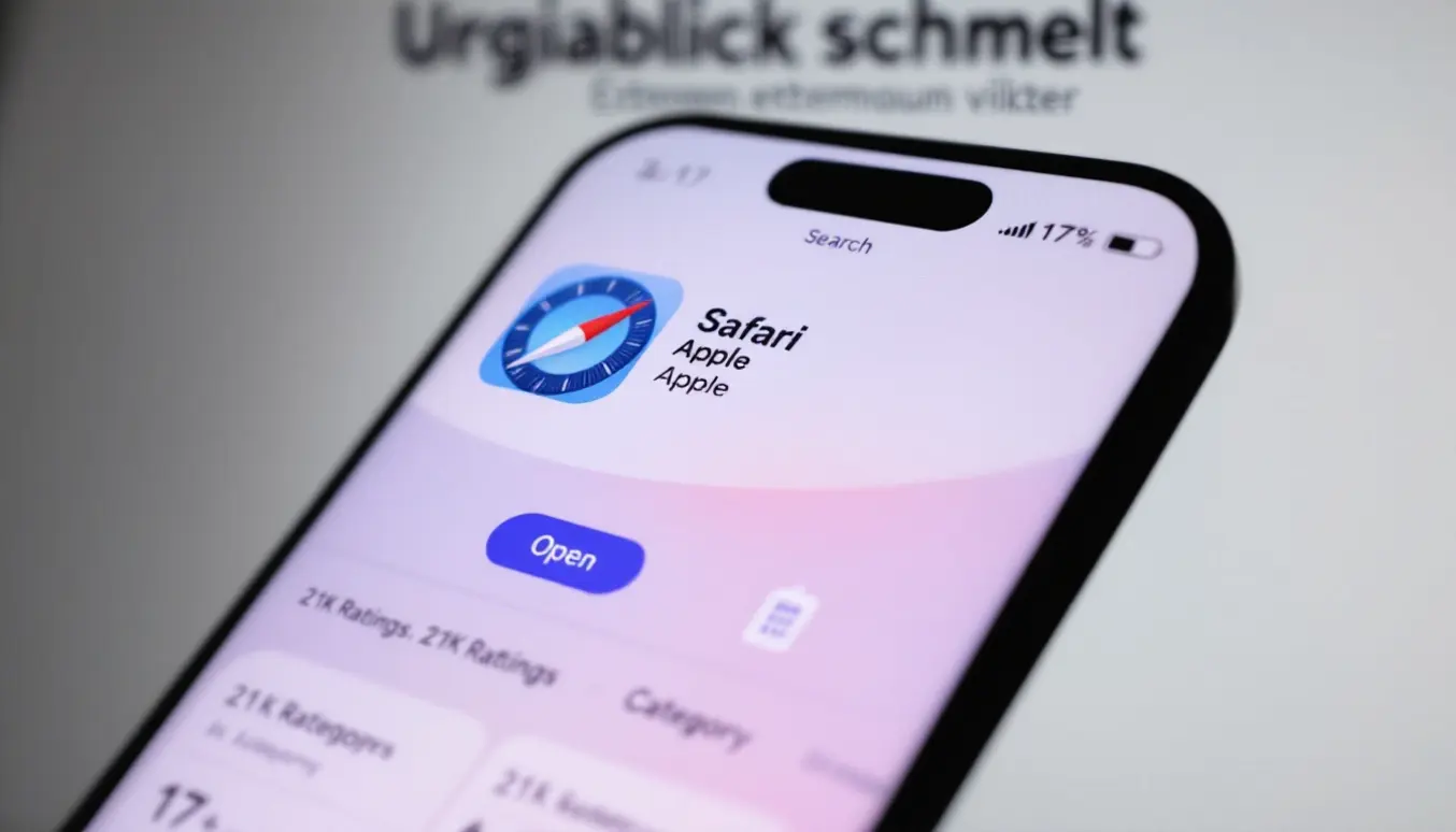 Icône de l'application Safari sur un smartphone Apple avec un bouton 'Open' et un fond coloré.