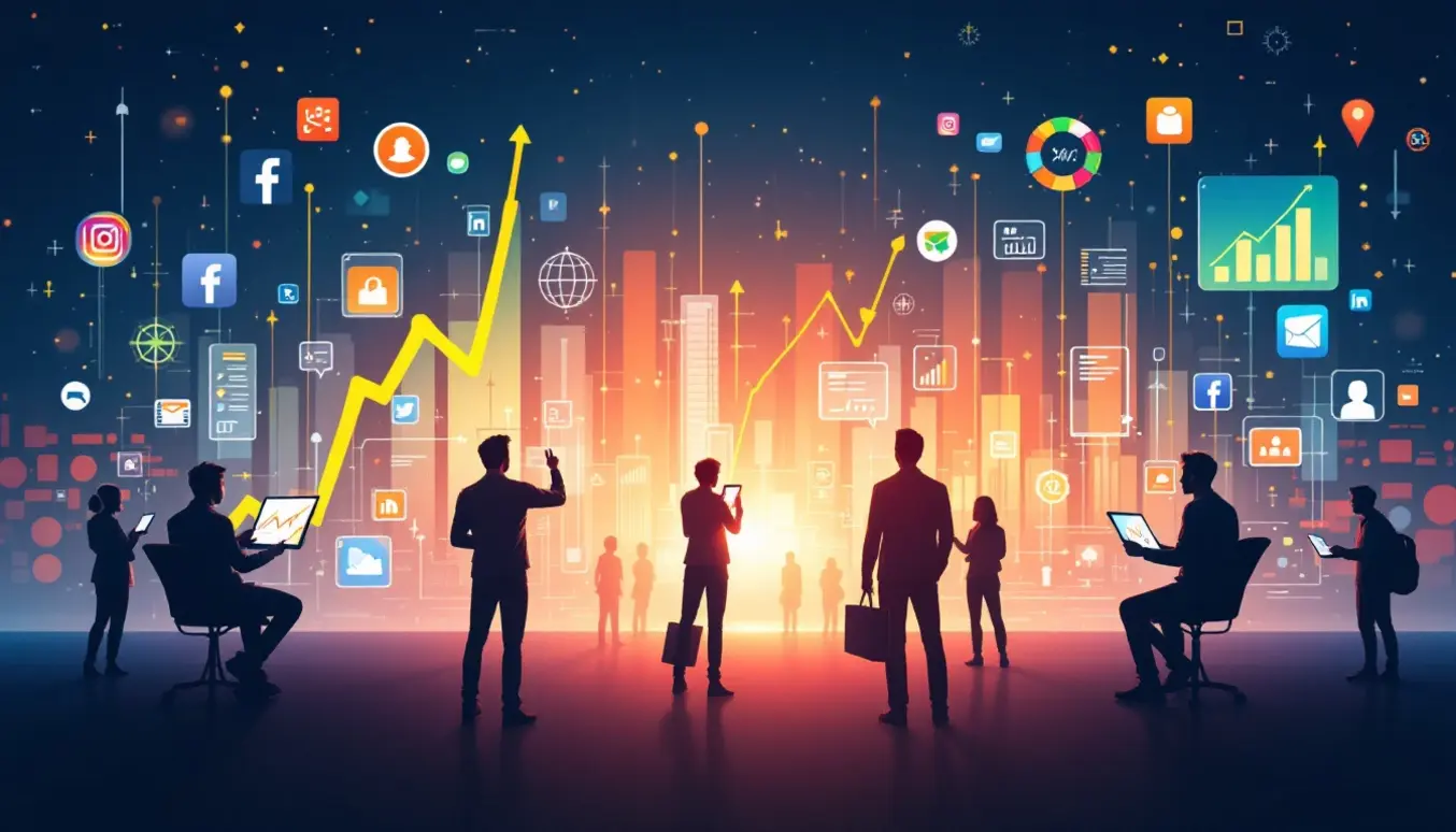 Une illustration montrant des graphiques de croissance, des icônes de réseaux sociaux et des silhouettes d'individus échangeant dans un environnement numérique.