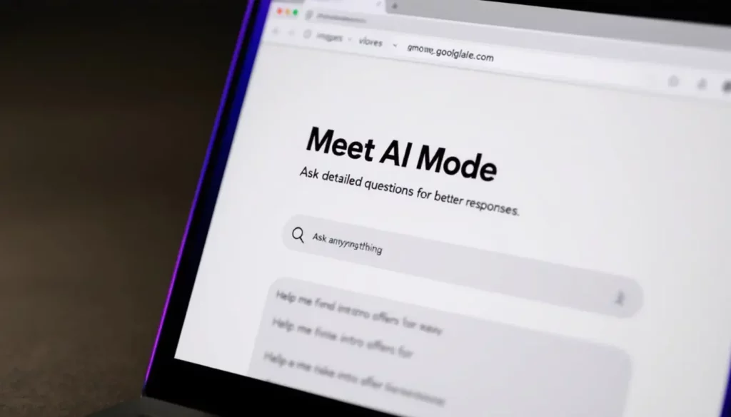 Interface de site web "Meet AI Mode" avec une zone de recherche pour poser des questions.