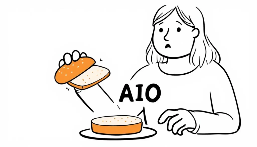 Femme surprise face à un sandwich AIO, levant le dessus d'un pain sur une assiette.