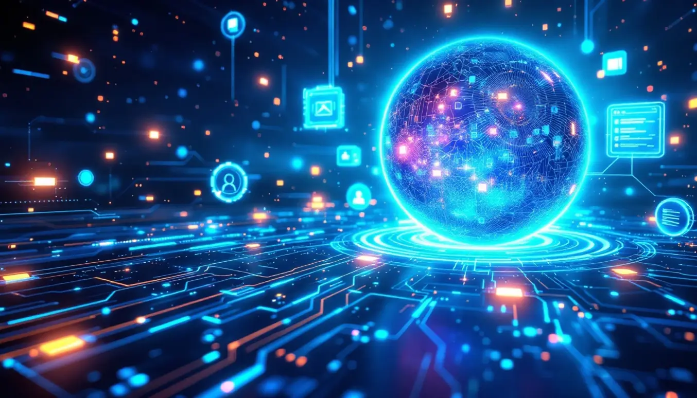 Une représentation visuelle d’un moteur de recherche futuriste avec peu de résultats visibles, mettant en avant des icônes de données et d’intelligence artificielle.