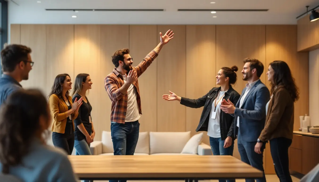 Groupe de personnes échangeant et se connectant dans une ambiance conviviale, symbolisant la transformation en supporters et partenaires.