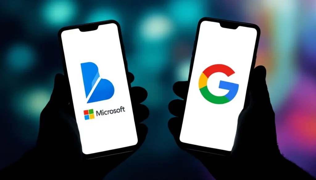 Deux smartphones affichant les logos de Microsoft et Google dans un environnement lumineux flou, symbolisant la concurrence technologique.