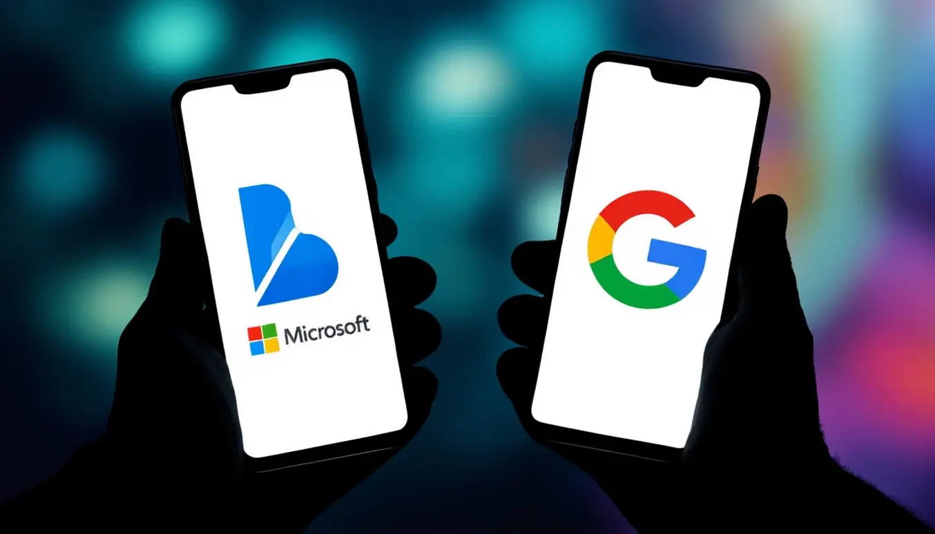 Deux smartphones affichant les logos de Microsoft et Google dans un environnement lumineux flou, symbolisant la concurrence technologique.