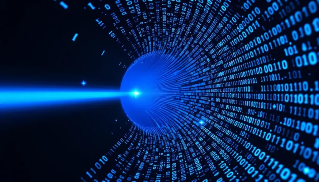 Flux de données numériques illustré par des chiffres binaires bleus sur fond noir, représentant l'informatique moderne.