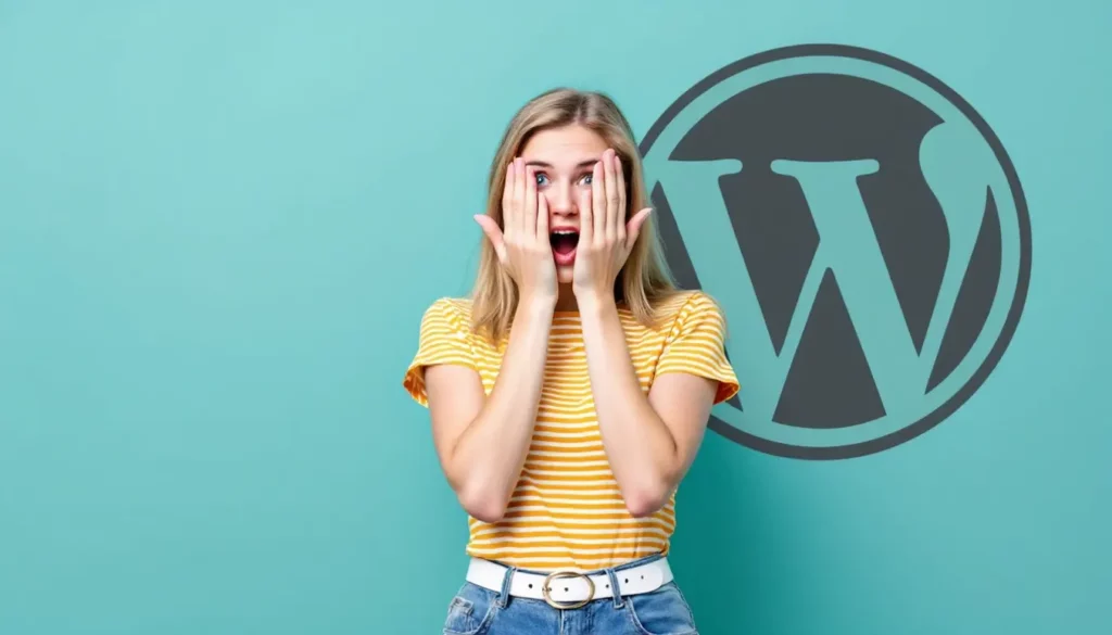Jeune femme surprise devant un mur turquoise avec le logo WordPress, portant un T-shirt rayé jaune.