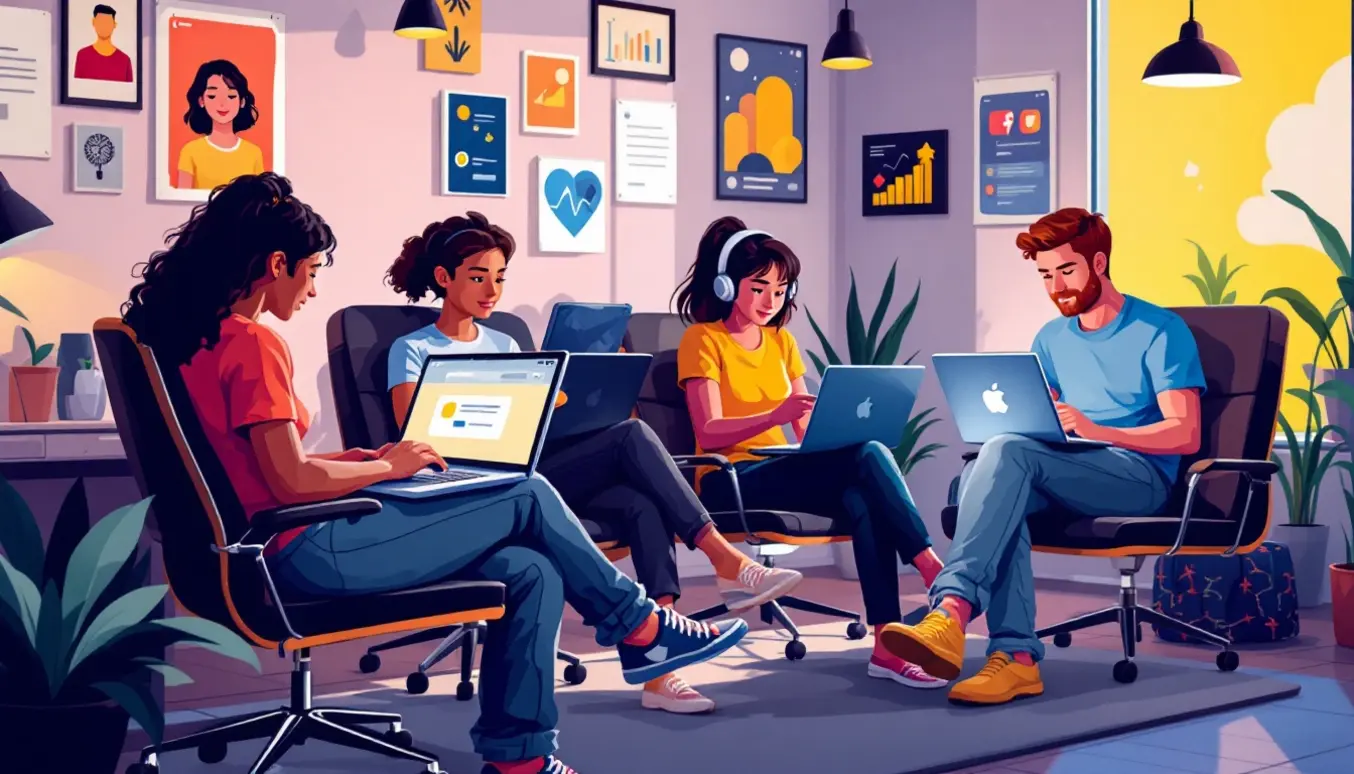 Groupe de personnes interagissant sur des appareils numériques dans un environnement collaboratif en ligne.