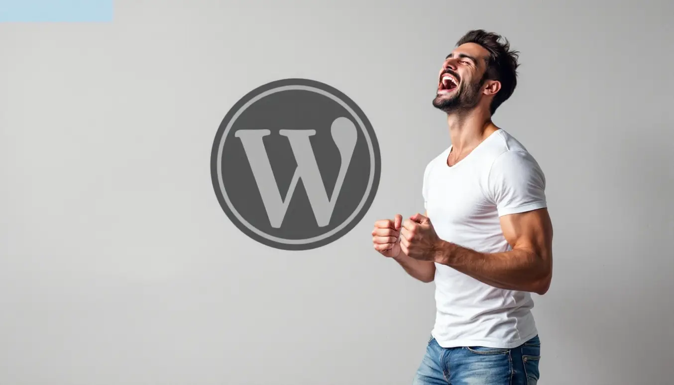 Homme souriant de joie en t-shirt blanc avec logo WordPress en arrière-plan, exprimant enthousiasme et énergie.