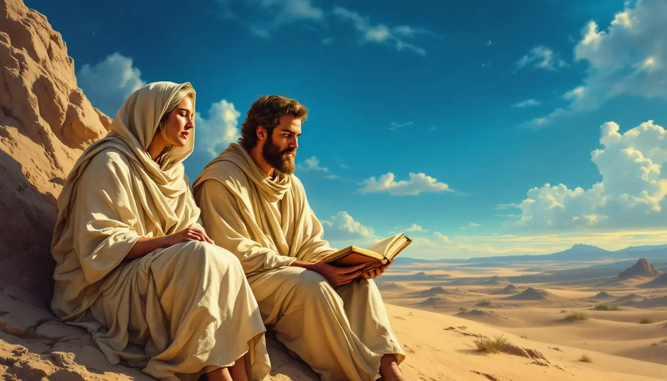 Une scène illustrant un contexte religieux ancien avec des personnages en robes traditionnelles dans un paysage naturel.