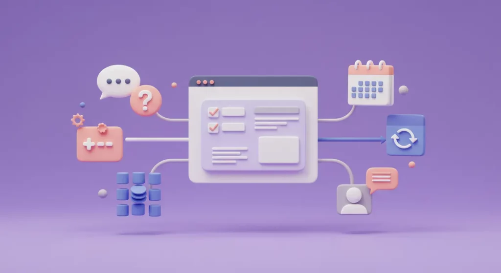 Illustration 3D représentant les bonnes pratiques SEO à l’ère de l’intelligence artificielle, avec une interface web centrale connectée à des icônes symbolisant la rédaction naturelle, les questions-réponses, la mise à jour des contenus, les métadonnées, les tableaux et l’engagement utilisateur.