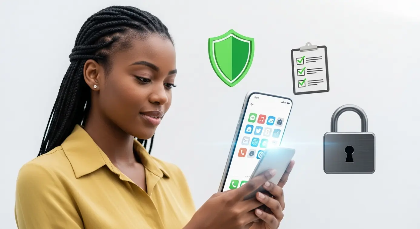 Une personne tenant un smartphone avec des icônes d'applications, entourée de symboles de sécurité et de conformité.