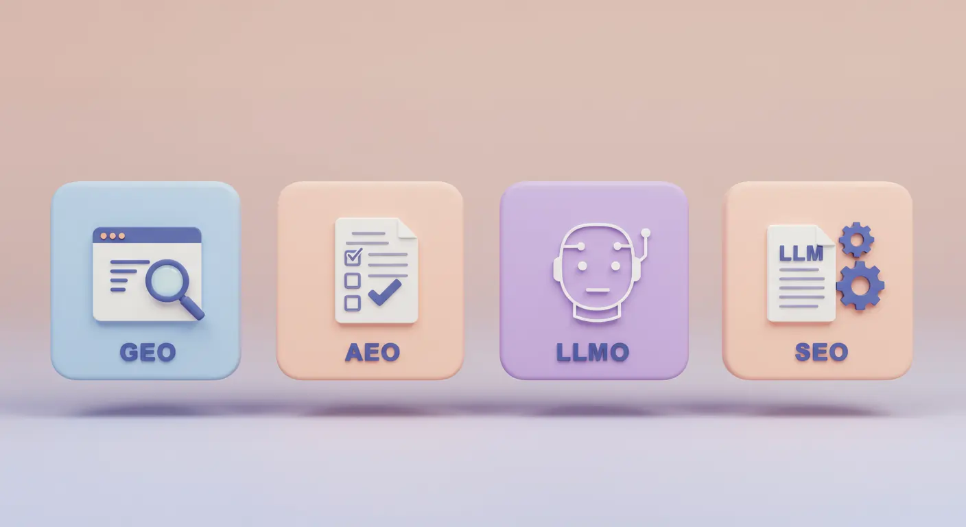 Illustration 3D de quatre blocs colorés représentant les concepts SEO : GEO avec une loupe, AEO avec un document coché, LLMO avec une tête de robot, et LLM SEO avec un fichier et des engrenages.