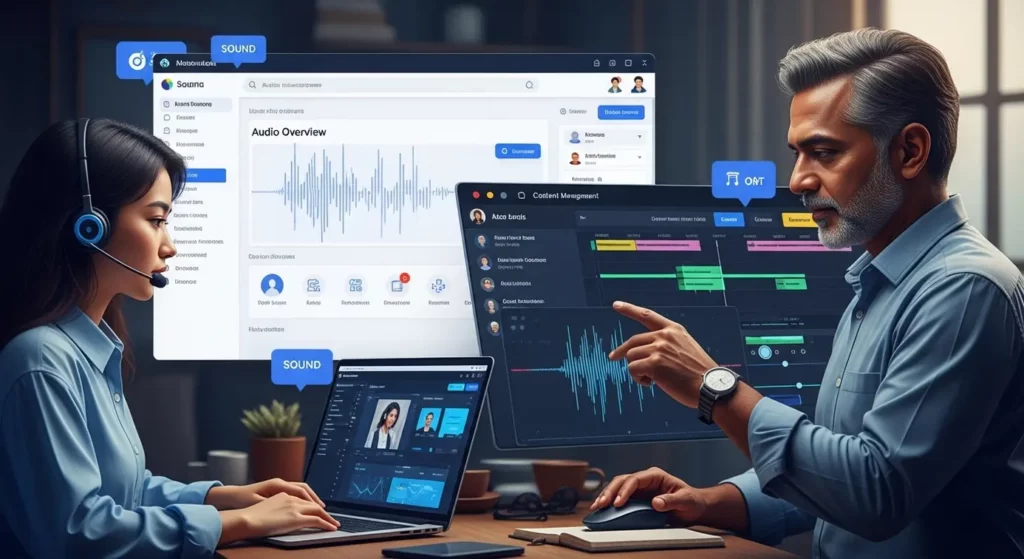Une personne utilisant un casque pour écouter un aperçu audio sur un ordinateur, à côté d'une interface de gestion de contenu audio pour un éditeur.