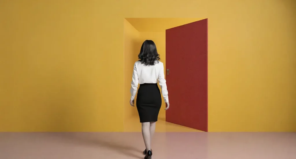 Femme en jupe noire et chemise blanche marchant vers une porte rouge sur un fond jaune, symbolisant l'opportunité.