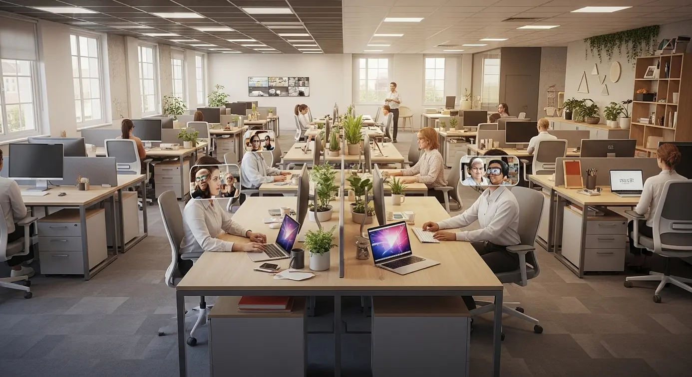 Une scène illustrant l'évolution du lieu de travail avec des employés utilisant des espaces physiques et numériques de manière flexible dans un bureau moderne.