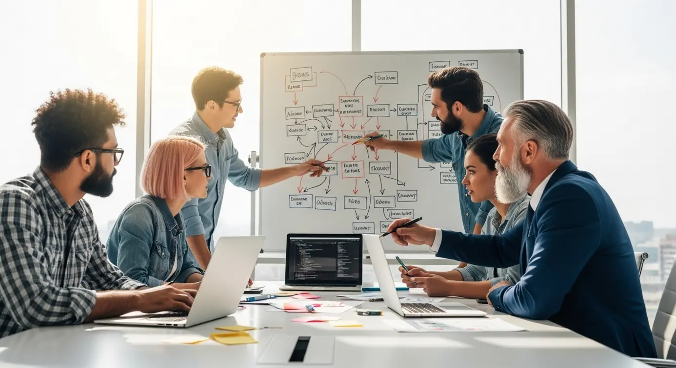Une équipe de professionnels en réunion planifiant la mise en place d'une nouvelle fonctionnalité à l'aide d'un tableau blanc et d'ordinateurs portables dans un bureau lumineux.
