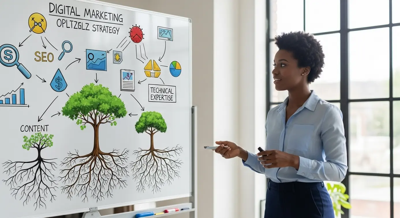 Un professionnel expliquant la stratégie SEO avec des icônes d'arbres et de racines symbolisant la nature et la croissance organique en ligne.