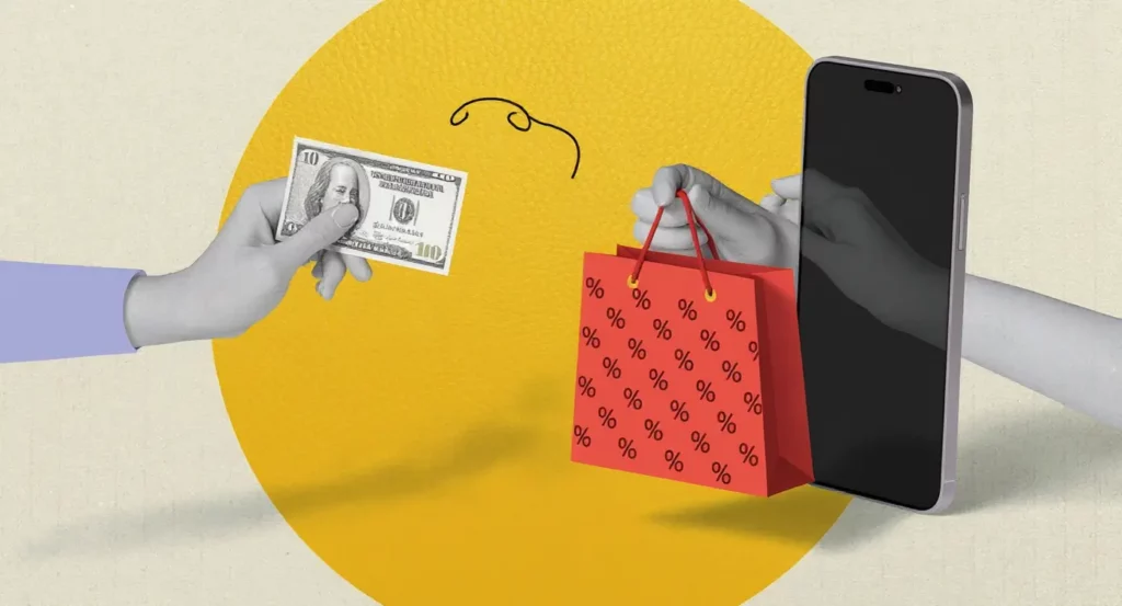 Échange d'argent contre un sac de courses, illustrant le commerce numérique avec un smartphone.