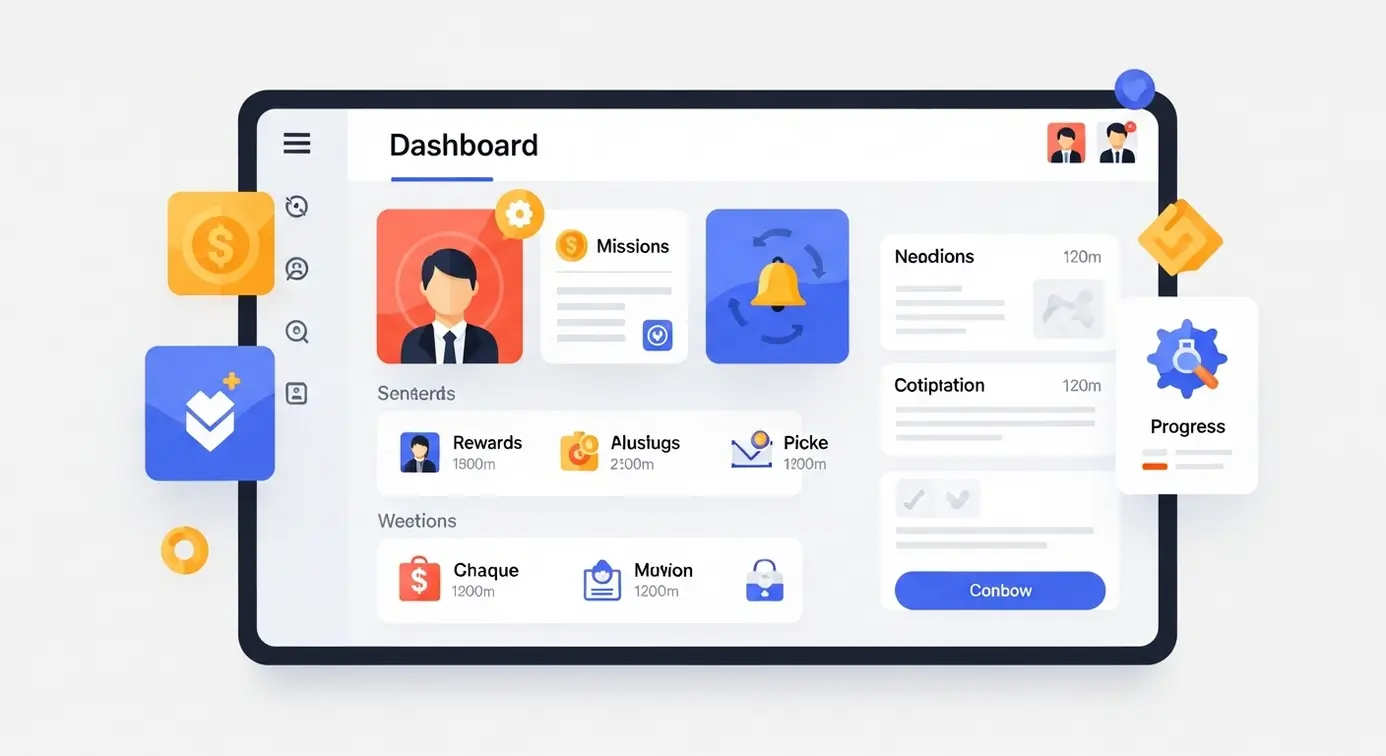 Une interface numérique illustrant différentes fonctionnalités d'une offre promotionnelle avec des icônes symboliques et un design moderne.