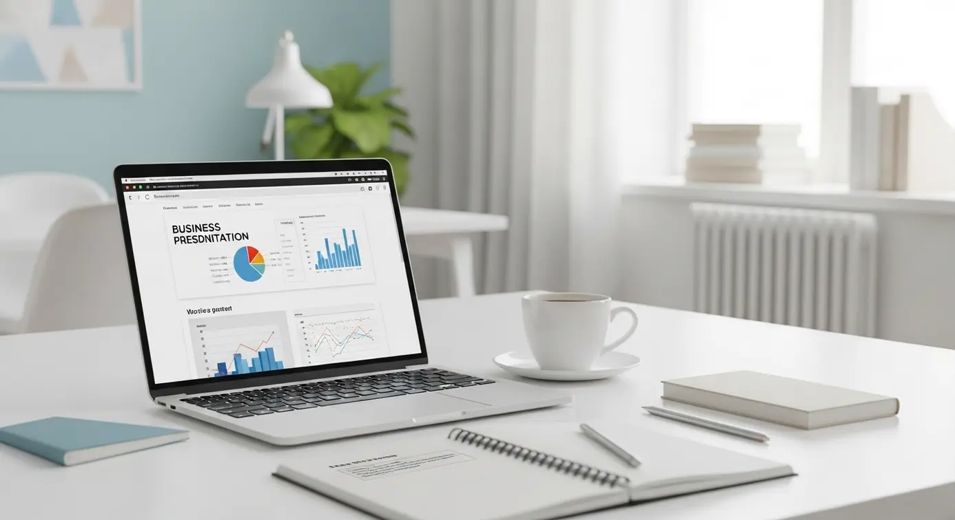Un ordinateur portable avec une page web ouverte, entouré d’un carnet de notes et d’une tasse, illustrant des conseils et des réponses pour les webmasters dans un environnement de travail professionnel.