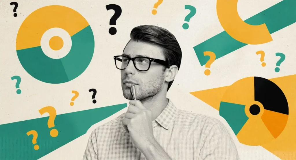 Homme pensive avec lunettes, entouré de symboles graphiques et de points d'interrogation sur un fond clair.