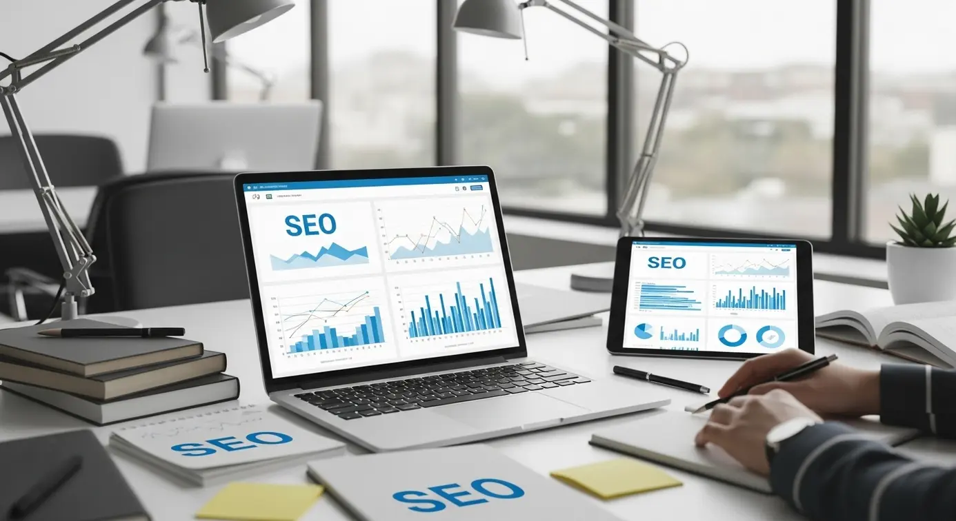 Un espace de bureau avec un ordinateur portable montrant des données de référencement, entouré d'outils et de documents liés au SEO, symbolisant la stratégie numérique.