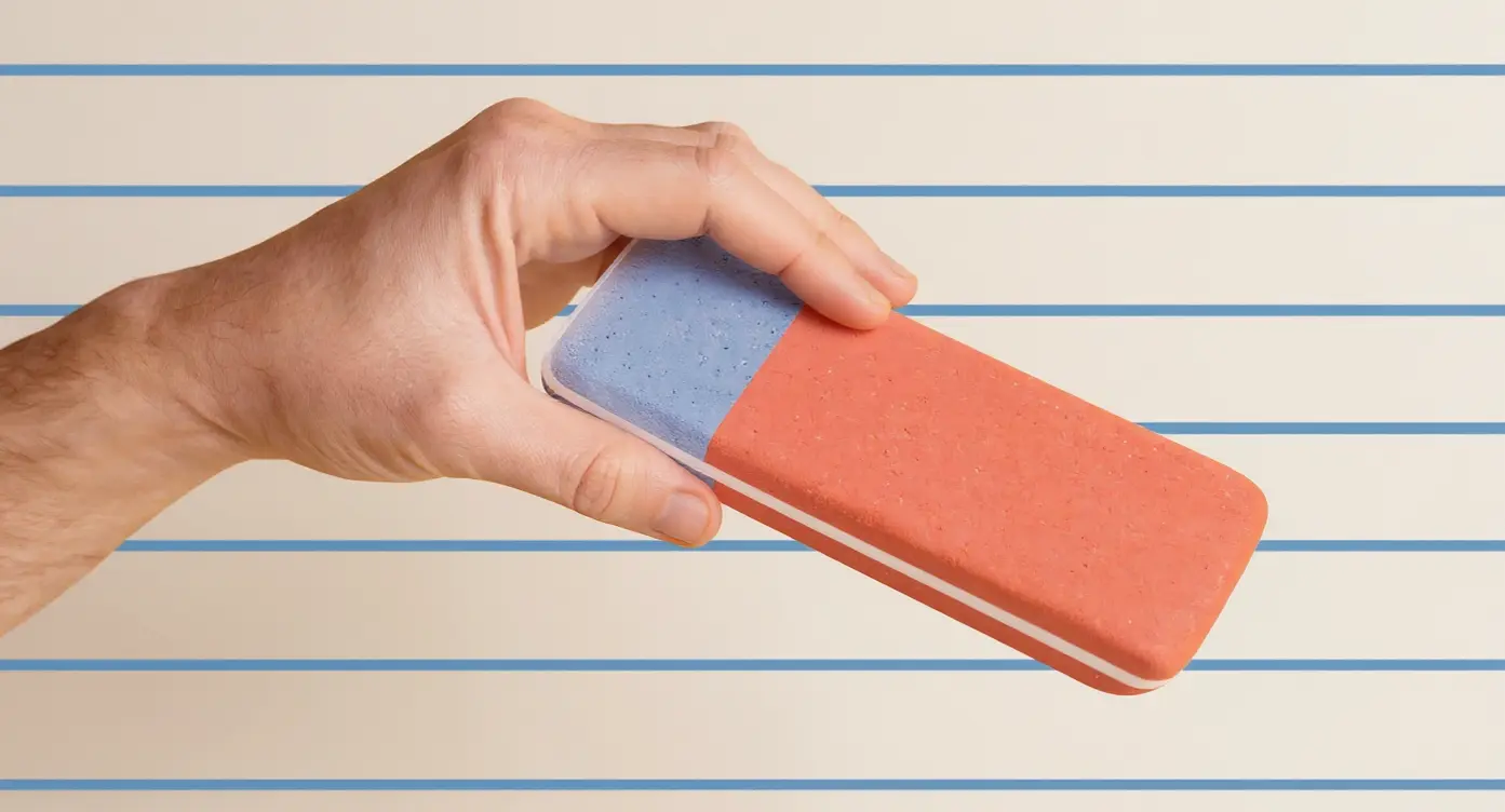 Gomme bicolore orange et bleue tenue par une main sur fond de papier à rayures.