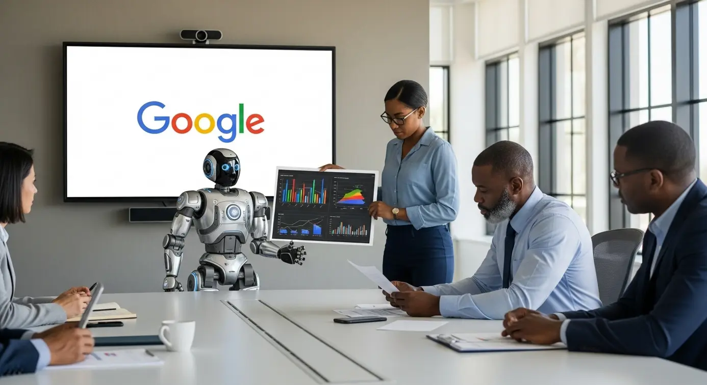 Une illustration représentant une réunion avec une présentation sur Google et des éléments symbolisant l'automatisation du contenu.