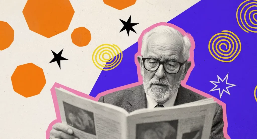 Homme âgé lisant un journal, entouré de motifs colorés géométriques sur un fond artistique moderne.