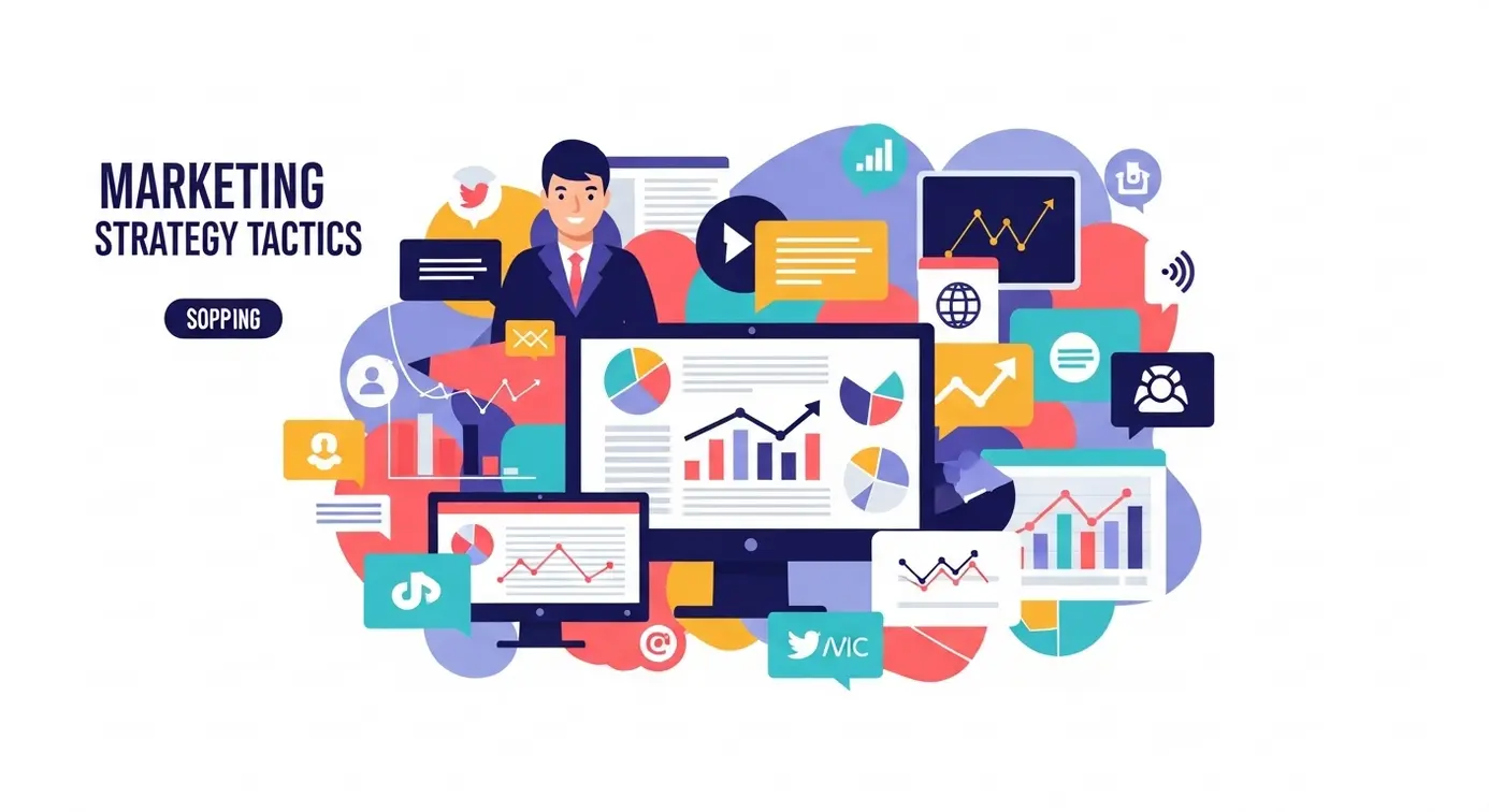 Une image représentant des symboles de stratégies et de marketing digital sur un panneau, incluant des icônes d'ordinateurs, de réseaux sociaux et d'analyse de données.