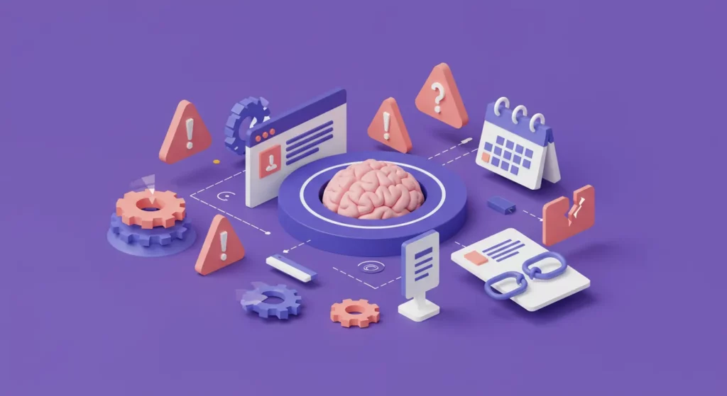 Illustration 3D représentant les limites et défis de l’optimisation SEO à l’ère de l’IA, avec un cerveau central entouré d’icônes d’alerte, de rouages, de calendriers, de liens cassés et de panneaux d’avertissement.