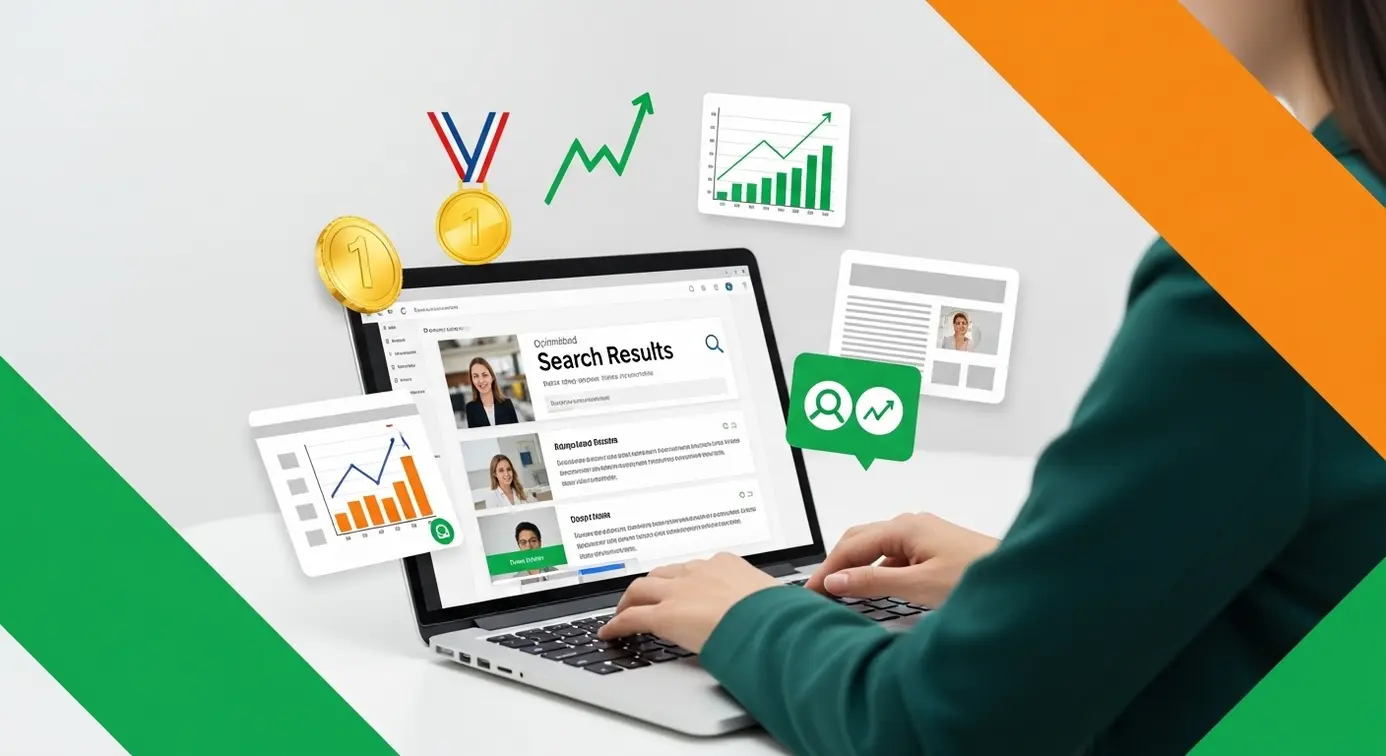 Une personne travaillant sur un ordinateur portable avec des résultats de recherche, entourée d'icônes représentant la réussite et la croissance grâce à un contenu pertinent.