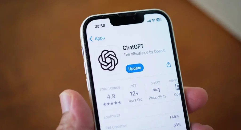 Application ChatGPT affichée sur un smartphone avec des évaluations et des détails de mise à jour.