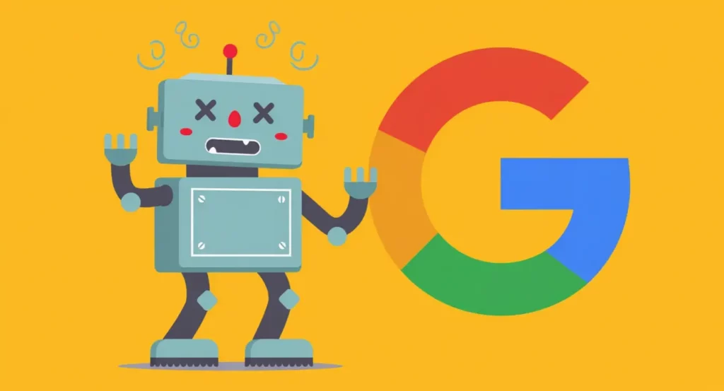 Robot dessiné avec un regard perdu, devant le logo Google sur un fond jaune vif.